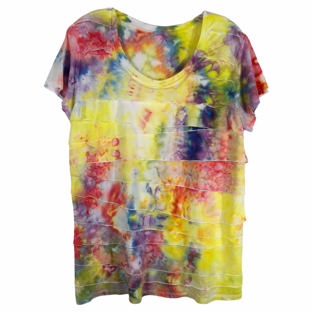 Merona Womens XXL Top Tee Tie Dye Flight Risk Yellow Purple ‎ Blue Ruffled 1008